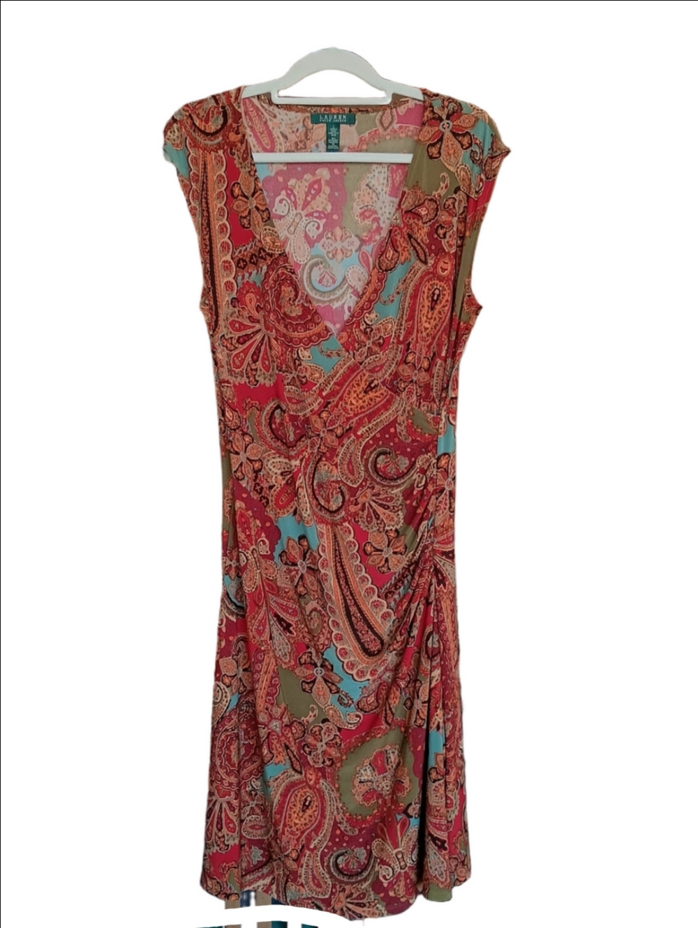Lauren Ralph Lauren Autumn Paisley Midi Dress Faux Wrap Sleeveless Stretch Fall